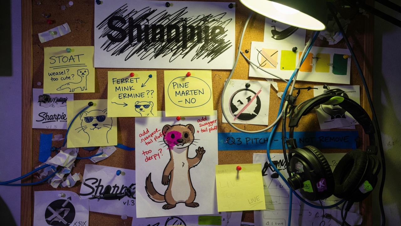A rushed brand board: scratched wordmarks, sticky notes, weasel sketches, cables.