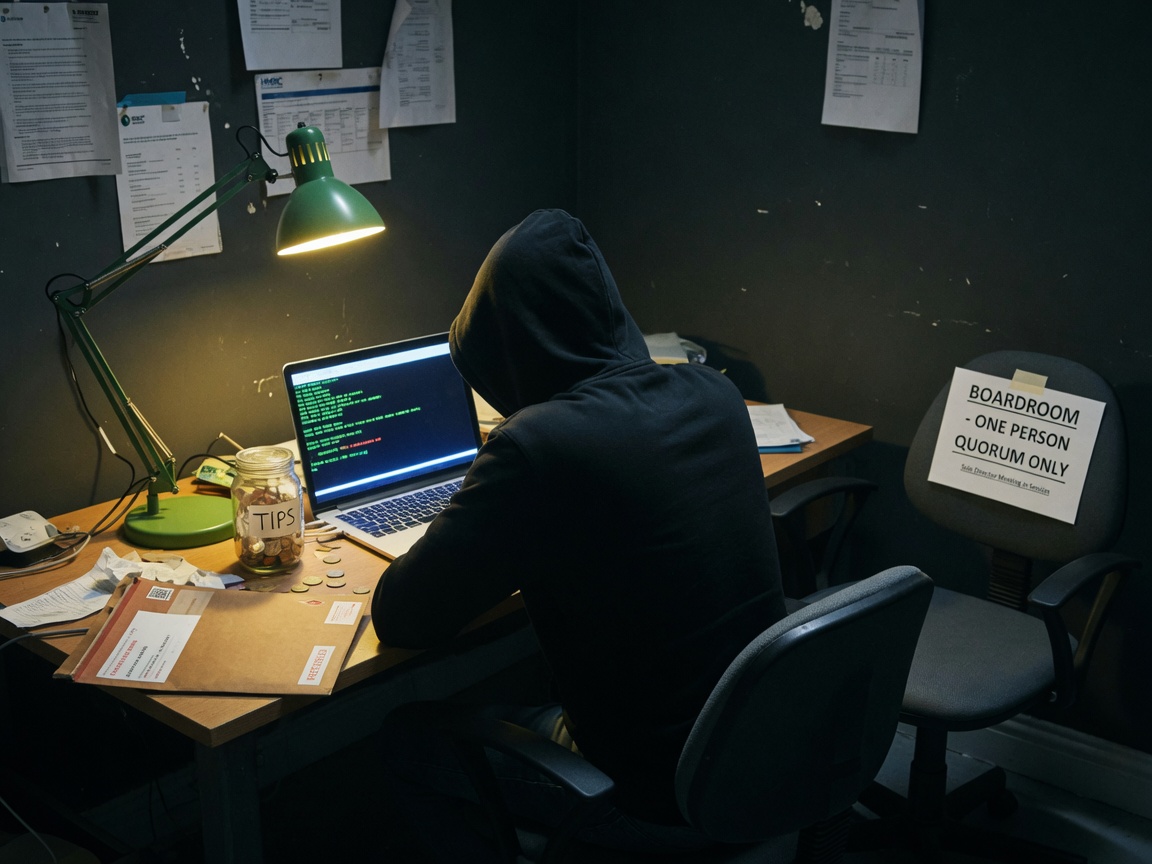 Anonymous hooded figure at a desk of coffee-tip jars, company mail, and a git terminal.