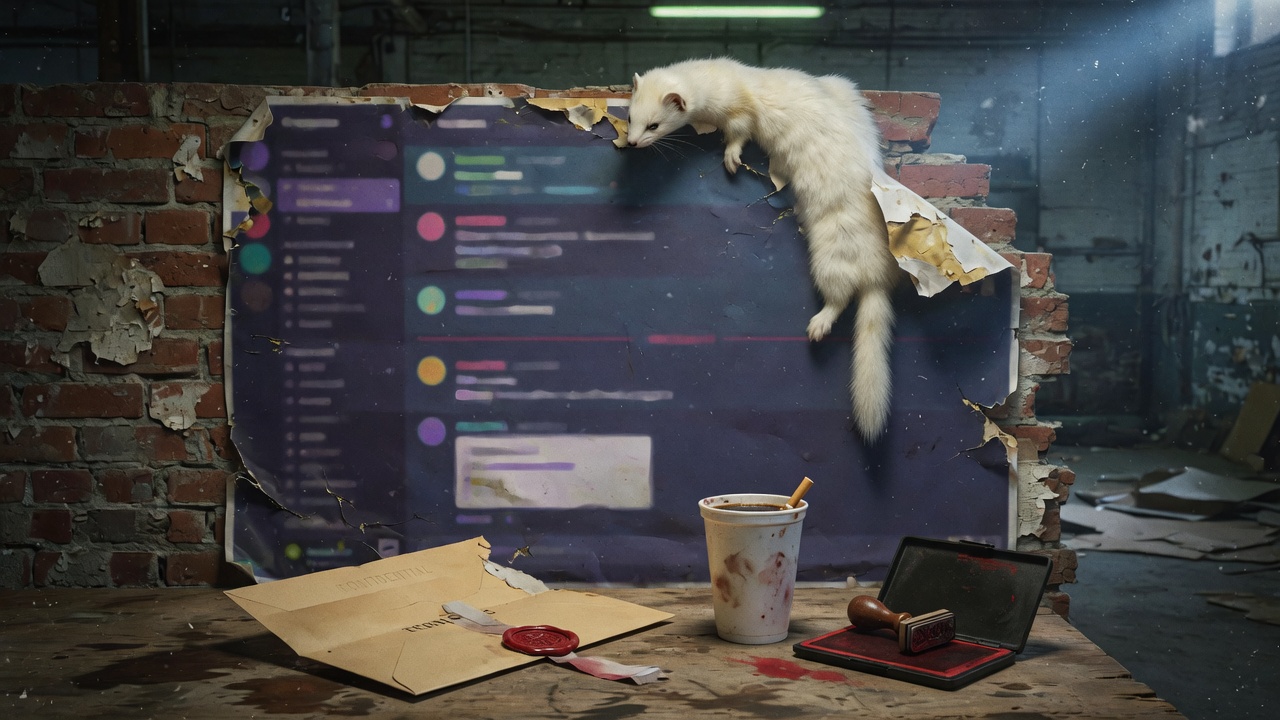 A Discord-like interface peeling off a wall under a winter ermine pelt, with a legal envelope on the table.